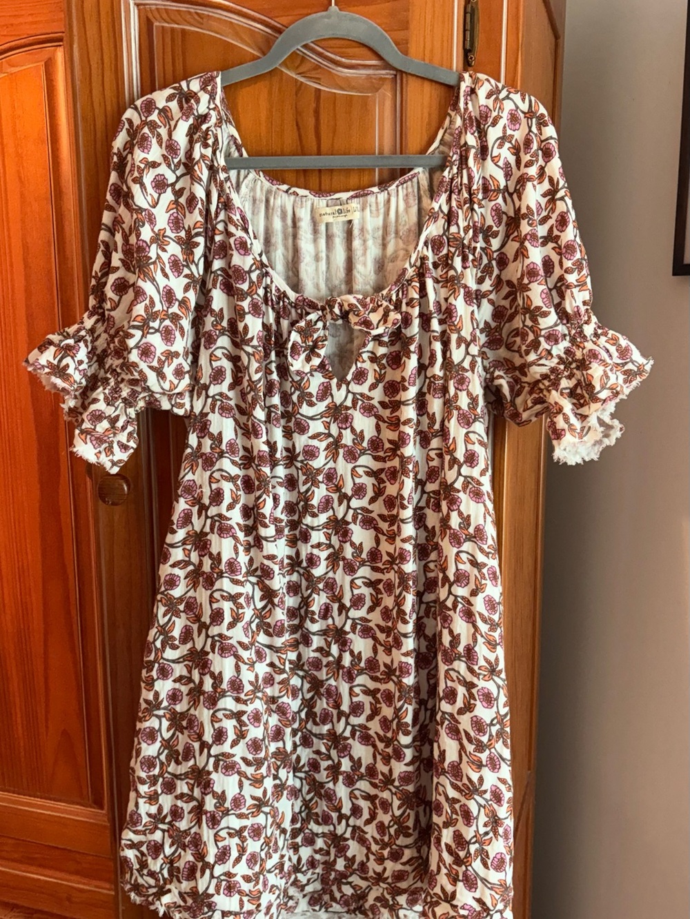 NATURAL LIFE Cream Midi Dress with Burgundy Leaf Motif